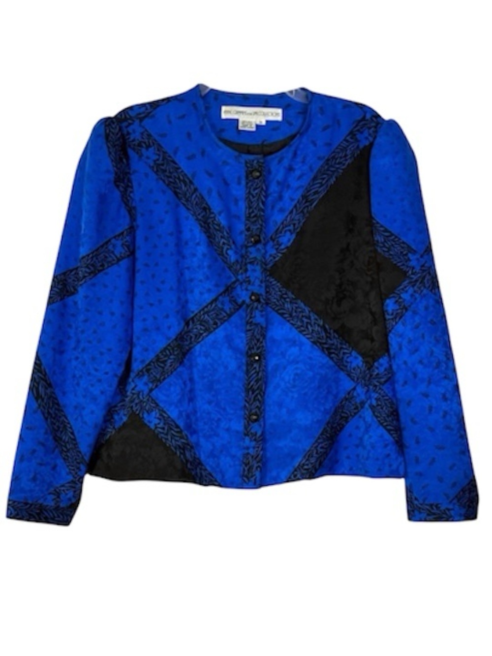 Vintage Anne Crimmins UMI 100% Silk Blue Black Patterned Jacket Blouse Size 14